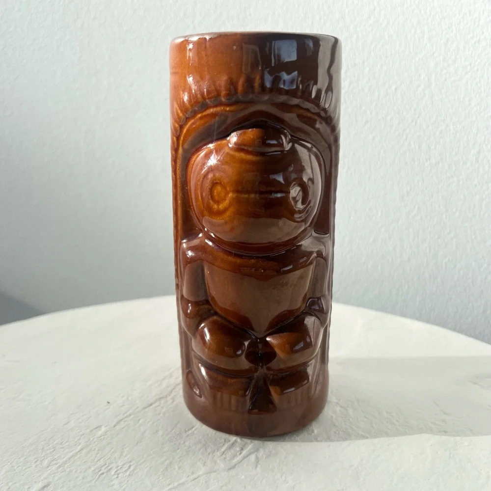 VINTAGE BROWN TROPICAL TIKI VIBES MUG GLASS CERAMIC BARWARE TUMBLER‎